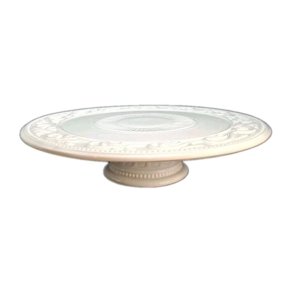 Gorham Bavaro Pedestal Cake Stand 13.25" Round White China Serving Plate 3.25" H